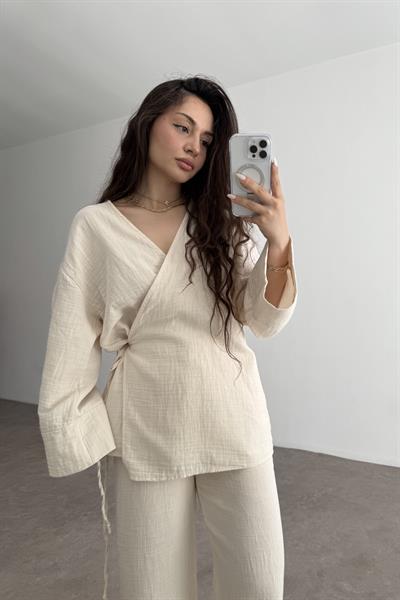 Müslin Kumaş Çapraz Bağlama Kimono Takım Taş
