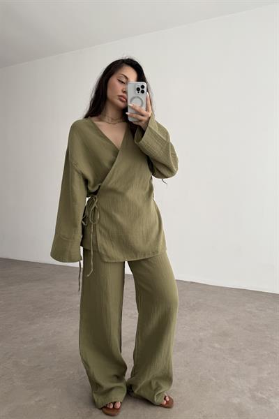 Müslin Kumaş Çapraz Bağlama Kimono Takım Haki