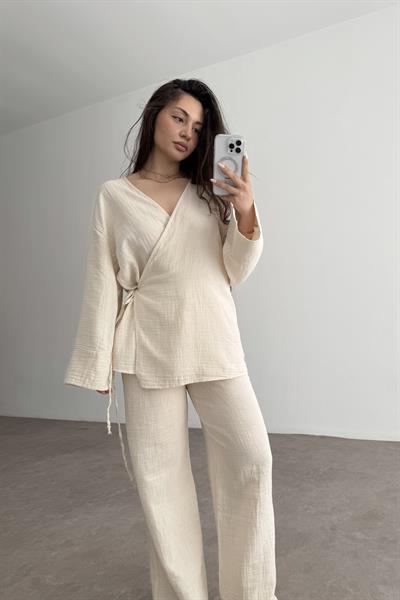 Müslin Kumaş Çapraz Bağlama Kimono Takım Taş