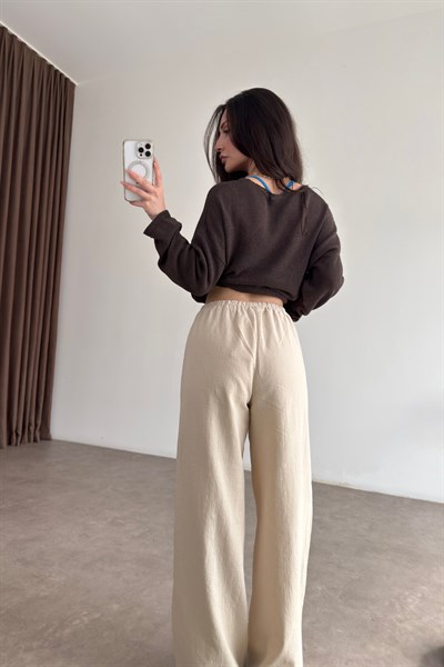 Natural Pamuk Dokuma Bej Pantolon 