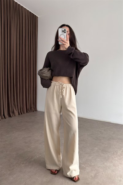 Natural Pamuk Dokuma Bej Pantolon 