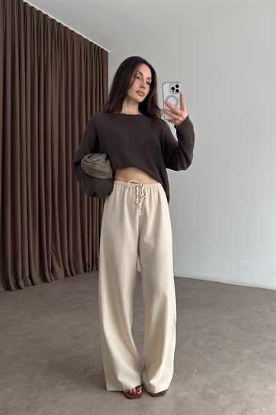 Natural Pamuk Dokuma Bej Pantolon 