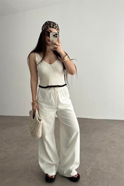 Natural Pamuk Dokuma Pantolon Beyaz 