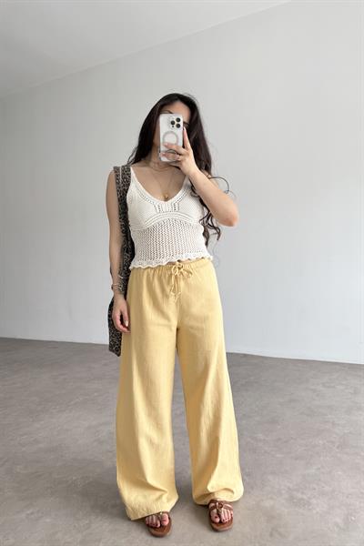 Natural Pamuk Dokuma Pantolon Koyu Sarı 