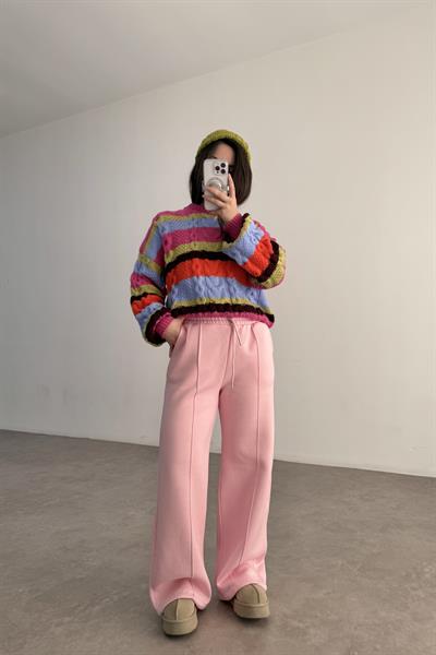 Nervür Detaylı Pembe Şardonlu Eşofman Altı