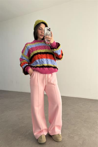 Nervür Detaylı Pembe Şardonlu Eşofman Altı