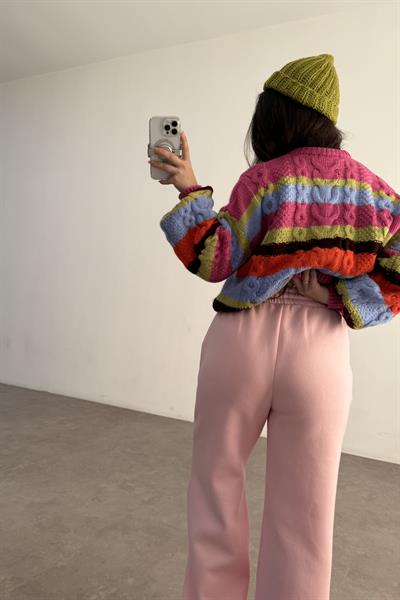 Nervür Detaylı Pembe Şardonlu Eşofman Altı