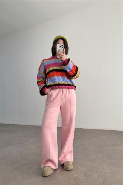 Nervür Detaylı Pembe Şardonlu Eşofman Altı