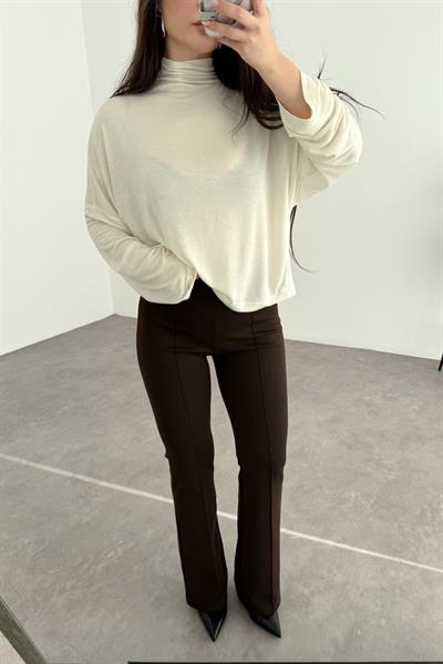 Nervürlü Yüksek Belli Flare Kesim Acı Kahve Tayt Pantolon