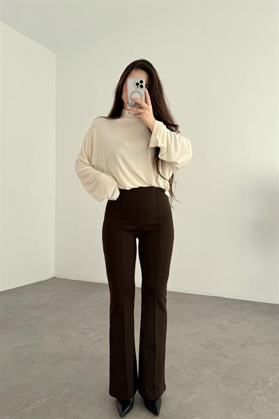 Nervürlü Yüksek Belli Flare Kesim Acı Kahve Tayt Pantolon