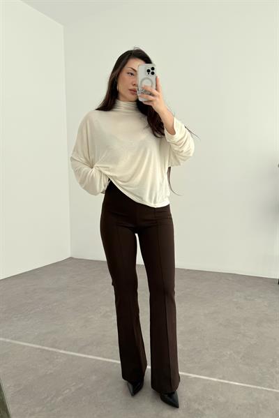 Nervürlü Yüksek Belli Flare Kesim Acı Kahve Tayt Pantolon