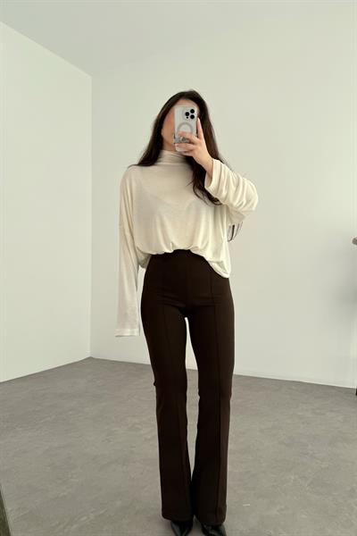 Nervürlü Yüksek Belli Flare Kesim Acı Kahve Tayt Pantolon