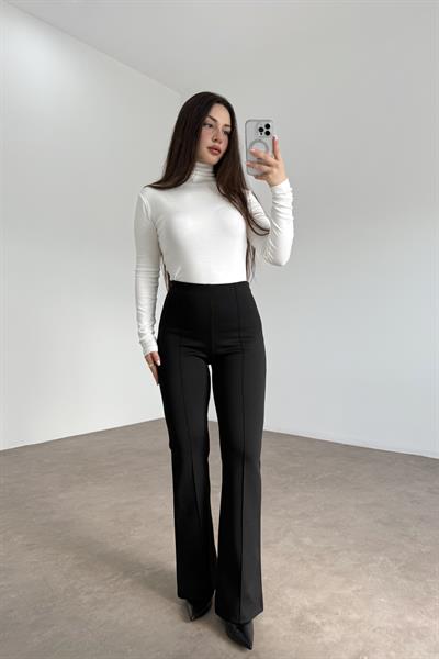 Nervürlü Yüksek Belli Flare Kesim Siyah Tayt Pantolon
