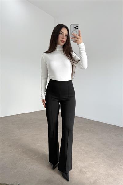 Nervürlü Yüksek Belli Flare Kesim Siyah Tayt Pantolon