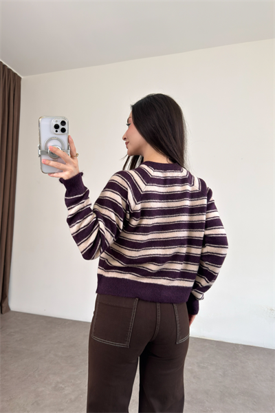 Orijinal Çizgili Mürdüm Ekru Hırka