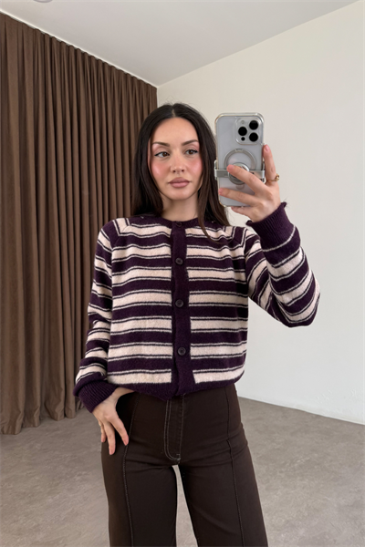 Orijinal Çizgili Mürdüm Ekru Hırka