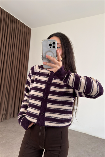 Orijinal Çizgili Mürdüm Ekru Hırka