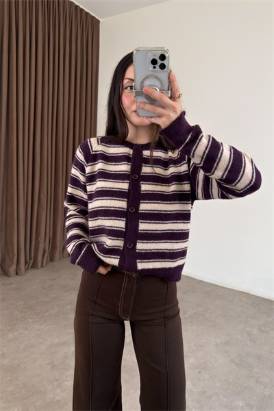 Orijinal Çizgili Mürdüm Ekru Hırka