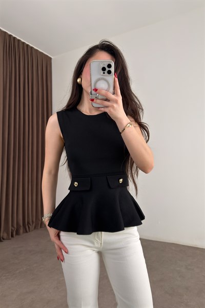 Orijinal Marka Gold Düğmeli Eteği Volanlı Siyah Bluz 