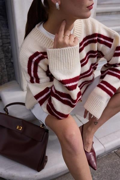 Orijinal Marka Kırmızı Çizgili Yünlü Hırka