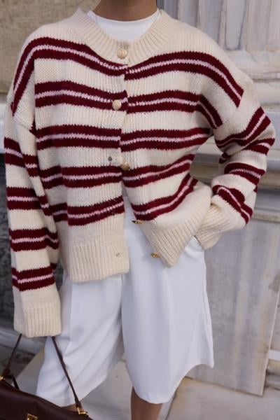 Orijinal Marka Kırmızı Çizgili Yünlü Hırka