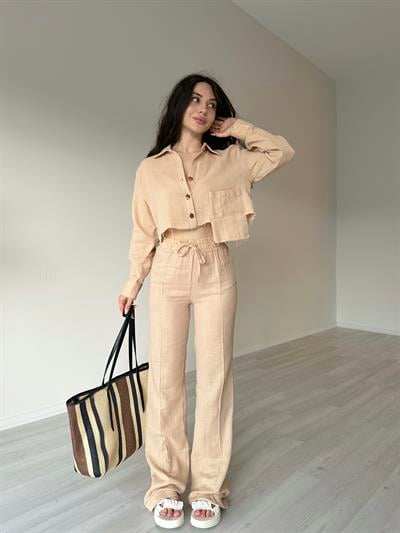 Orijinal Premium Keten Crop Gömlek Bej