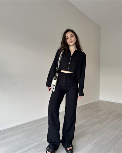 Orijinal Premium Keten Crop Gömlek Siyah