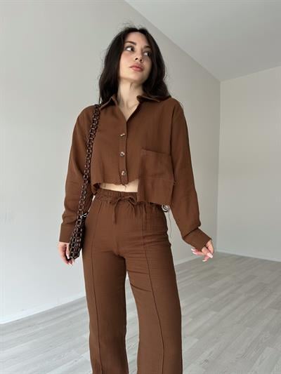 Orijinal Premium Keten Crop Gömlek Kahve