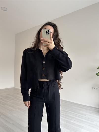 Orijinal Premium Keten Crop Gömlek Siyah