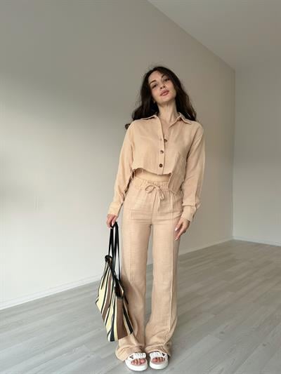 Orijinal Premium Keten Crop Gömlek Bej