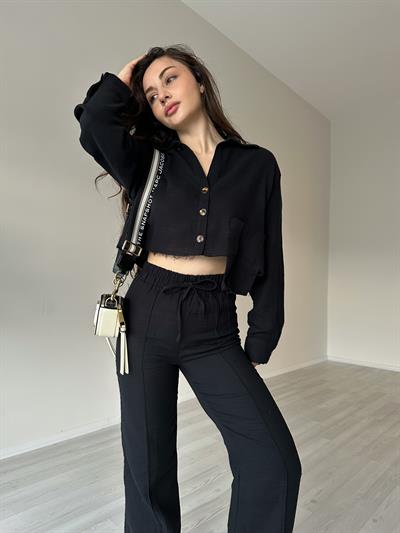 Orijinal Premium Keten Crop Gömlek Siyah