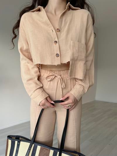 Orijinal Premium Keten Crop Gömlek Bej