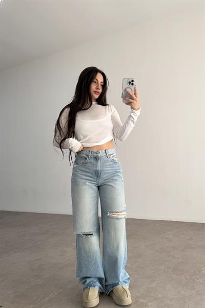 Orijinal Marka Yırtık Detaylı Açık Mavi Jean