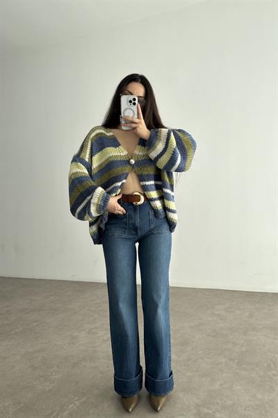 Orj. Marka Önü Cep Detaylı Paçası Kıvrık Yüksek Belli Orta Mavi Jean 