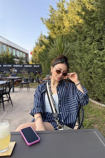 Oversize Çizgili Şort Gömlek Takım Lacivert