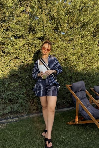 Oversize Çizgili Şort Gömlek Takım Lacivert