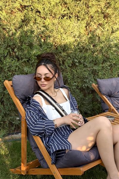 Oversize Çizgili Şort Gömlek Takım Lacivert