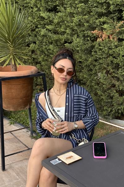 Oversize Çizgili Şort Gömlek Takım Lacivert