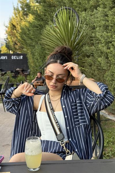 Oversize Çizgili Şort Gömlek Takım Lacivert