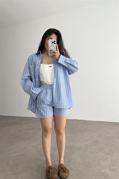 Oversize Çizgili Şort Gömlek Takım Mavi