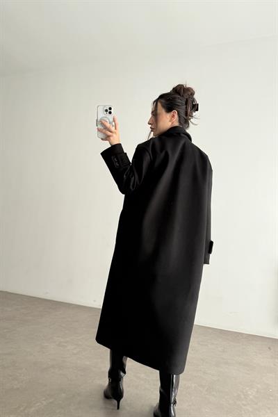 Oversize Düz Kesim Tek Düğmeli Siyah Kaban