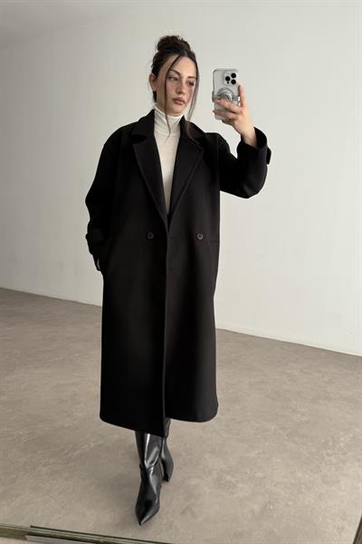 Oversize Düz Kesim Tek Düğmeli Siyah Kaban