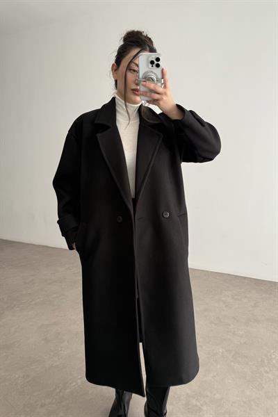 Oversize Düz Kesim Tek Düğmeli Siyah Kaban