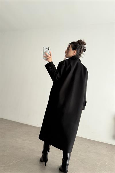 Oversize Düz Kesim Tek Düğmeli Siyah Kaban