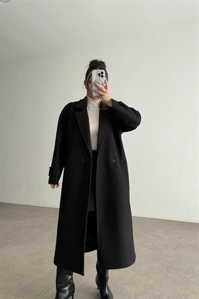 Oversize Düz Kesim Tek Düğmeli Siyah Kaban