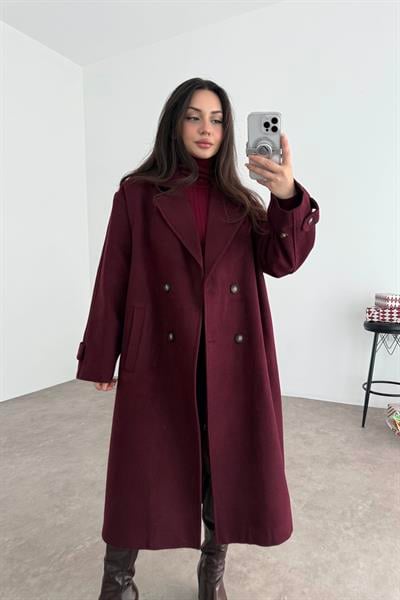 Oversize Kesim Düğmeli Kruvaze Bordo Kaban