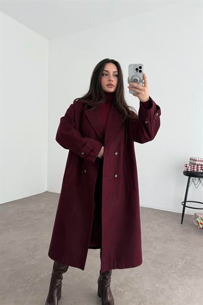 Oversize Kesim Düğmeli Kruvaze Bordo Kaban