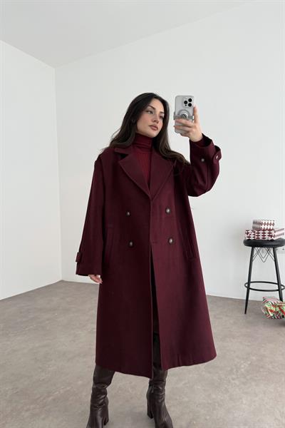 Oversize Kesim Düğmeli Kruvaze Bordo Kaban