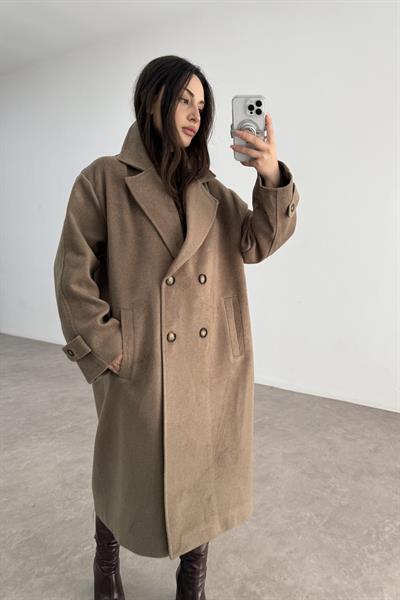 Oversize Kesim Düğmeli Kruvaze Kahve Kaban