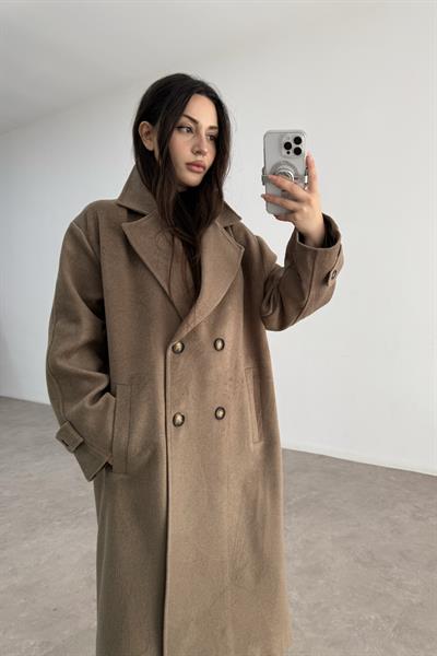 Oversize Kesim Düğmeli Kruvaze Kahve Kaban
